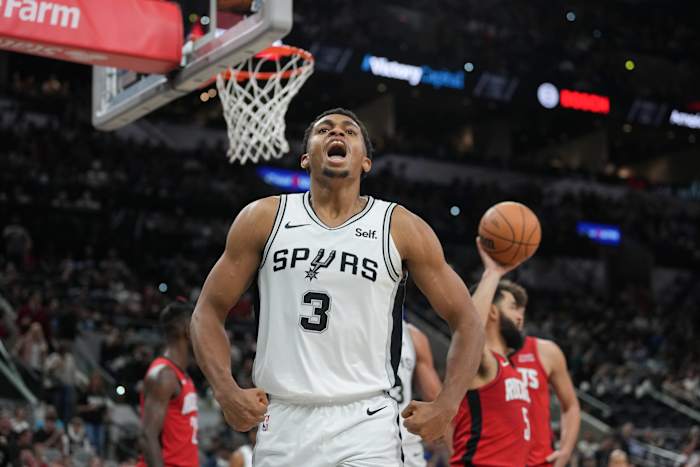 Oct 16, 2023; San Antonio, Texas, USA; San Antonio Spurs forward Keldon Johnson (3) celebrates a shot in the second half against the Houston Rockets at the Frost Bank Center.